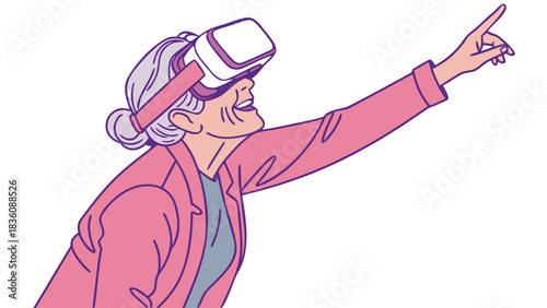 Senior Woman Wearing VR Headset and Pointing Happily, A vector illustration of a smiling older woman with grey hair, wearing a virtual reality headset and pointing her finger towards something 