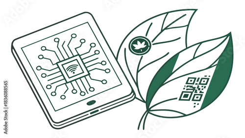Green Technology Tablet with Leaves and QR Code Concept, A line art illustration showing a tablet displaying a circuit board and Wi-Fi icon, positioned next to two green leaves, one featuring a QR 