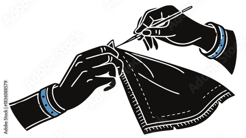 Hands Sewing Fabric with Needle and Thread in Linocut Style, A black and white linocut-style illustration of two hands actively sewing a piece of dark fabric with a needle and thread