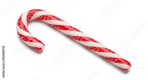 Isolated image of a classic red and white striped candy cane, slightly frosted, on white