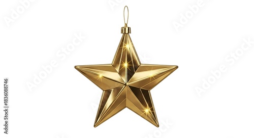 Gleaming, golden, five-pointed star Christmas ornament with a hanging loop