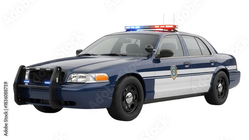 Blue and white police car PNG isolated on transparent background, law enforcement vehicle for emergency response and public safety use