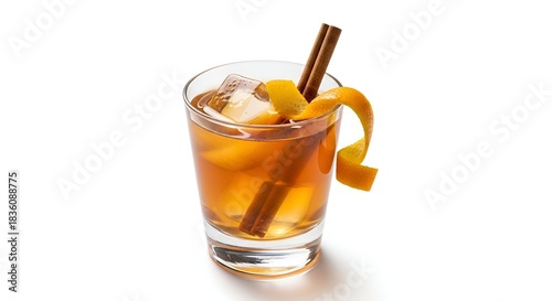 Clear glass holding a cocktail with ice, cinnamon, and orange peel on white