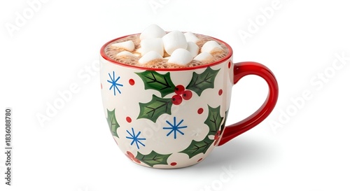Holiday mug filled with hot chocolate and marshmallows on a white backdrop