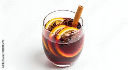 Glass of mulled wine with orange slices, spices, and a cinnamon stick