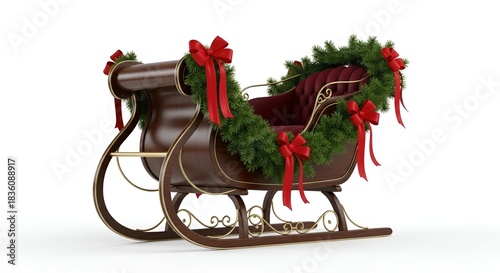 Festive sleigh decorated with evergreen, red bows, and a plush interior, isolated