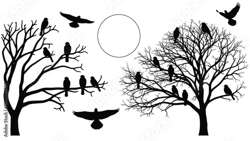 Silhouette of bare trees with birds against a circular moon backdrop