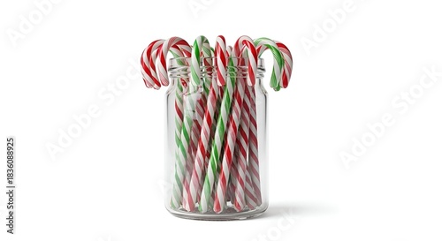 Glass jar filled with striped red, green, and white candy canes, isolated on white