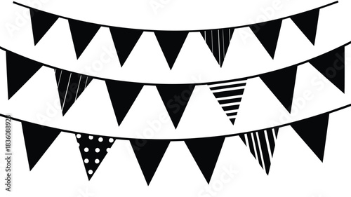 Black and white bunting flags arranged in a curved banner design