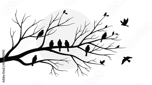 Silhouetted birds perched on bare branches against a full moon backdrop