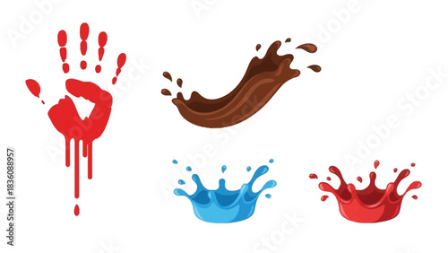 Colorful liquid splashes and handprint illustrations red blue and brown hues