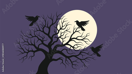 A dark silhouette of a tree with crows against a full moon