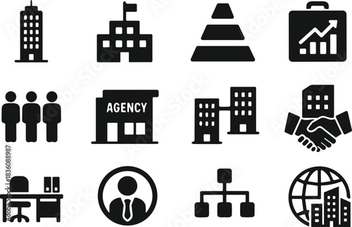 Business and corporate organization icons including buildings, offices, teams, hierarchy charts, agencies, management symbols, workflow elements, global company structure graphics