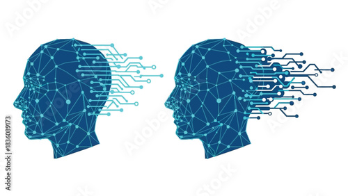 Digital human heads with flowing network connections illustrate artificial intelligence concepts