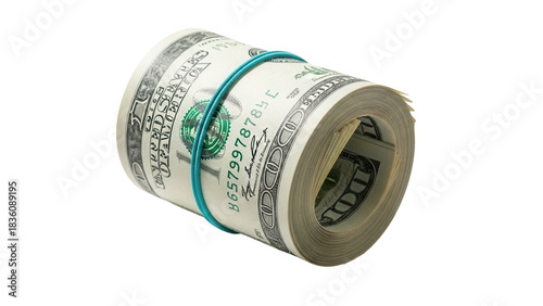 Roll of hundred dollar bills with rubber band isolated PNG, bundle of cash for business and finance concepts on transparent background