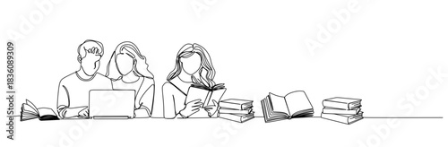 continuous single line drawing of young man and woman looking at laptop screen, line art vector illustration