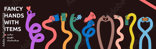 Multicolor Flexible Hand Long Arm with Items Set in Black Background. Comic Gesture Hands Flexible with Coffee, Heart, Burger, Smartphone, Megaphone, Flower, Bottle Kit. Vector Doodle Illustration
