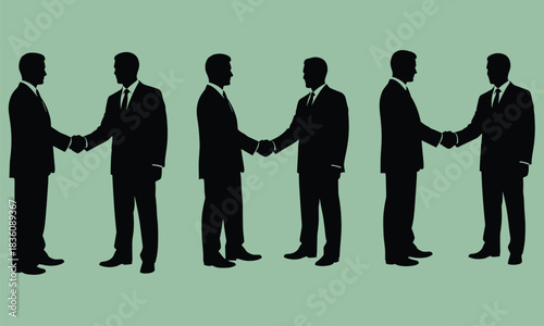 Business handshake silhouettes of professional men making agreement, corporate partnership illustration for teamwork, negotiation, deal success and collaboration concepts