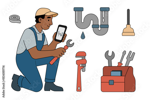 Plumber inspecting pipes and tools for repairs