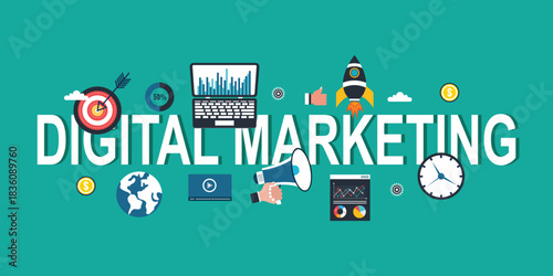 Digital marketing word concepts banner with icon set