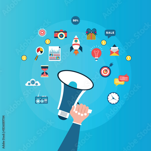 Digital marketing concept with hand uses megaphone for promotion and internet advertising