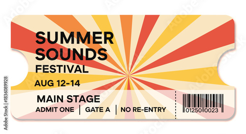 Summer Sounds Festival Ticket with Retro Sunburst Design.