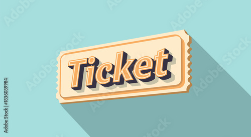 Retro Ticket Illustration with Shadow on Blue Background.