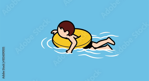 Cartoon boy swimming with a yellow inflatable ring in blue water.