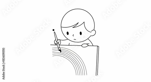 Boy Concentrating on Drawing Arcs in a Book.