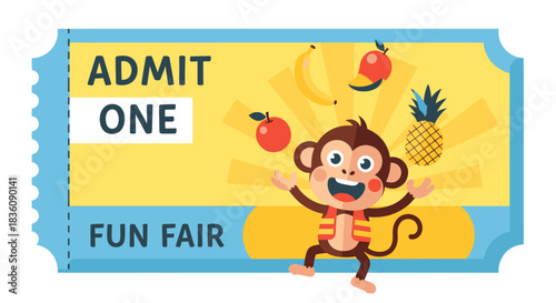 Fun Fair Ticket Featuring a Playful Monkey and Tropical Fruits.