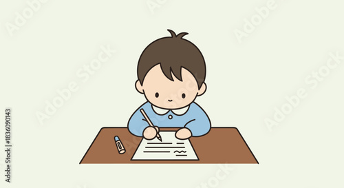 Boy writing at desk focused on schoolwork cartoon illustration.