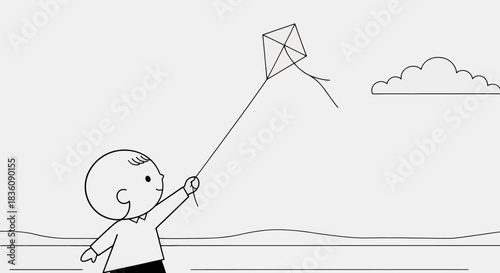 Child Flying Kite Joyful Outdoor Activity in Simple Illustration.