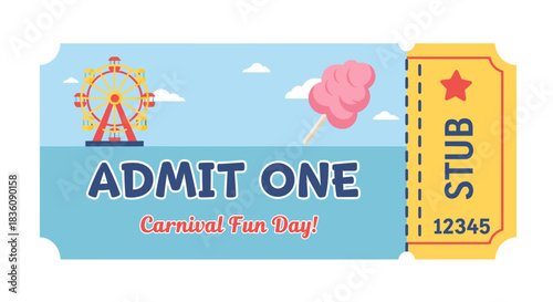 Carnival Ticket with Ferris Wheel and Cotton Candy Design.