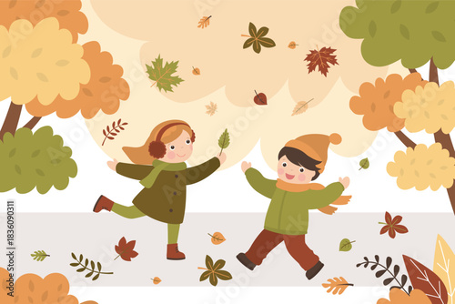 Fall, autumn park kids. Children outdoor activity. Boy and girl play with falling leaves. Little people in warm clothes. Forest, October and november. defoliation.