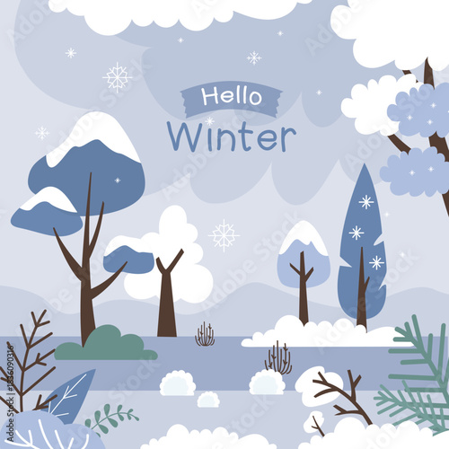 Hello winter, forest or park. Background, greeting card. Forest trees against the blue sky with snow and icicles. Winter banner, wallpaper template.
