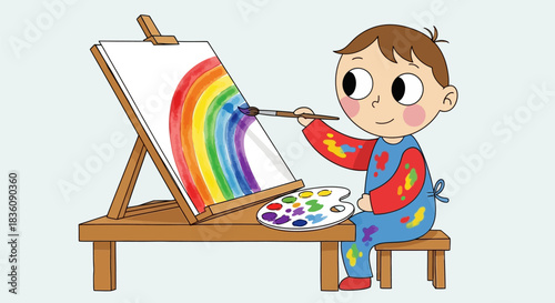 Boy Painting a Rainbow on Canvas with Focus and Enthusiasm.