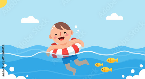 Joyful Boy Swimming with Inflatable Ring in Blue Water.