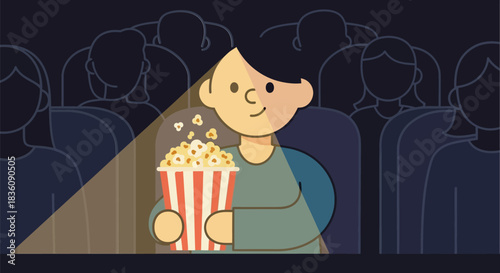 Boy enjoying movie with popcorn in theater spotlight.