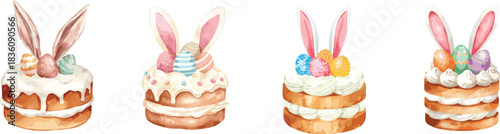 Watercolor Easter cake set, rabbit ears, with eggs on top, filled with white icing. Hand painted in soft warm colors, isolated on white background, vector illustration. For holiday decor.