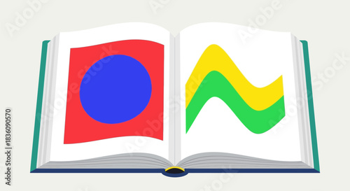 Open book with geometric shapes a colorful and educational illustration.