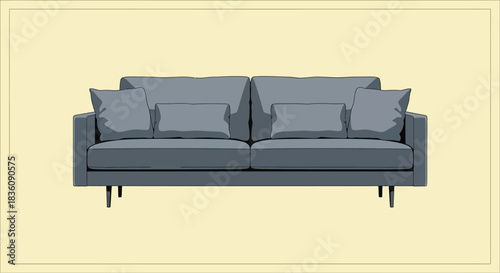 Elegant Gray Sofa with Pillows Modern Living Room Furniture.