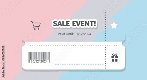 Sale Event Ticket with Barcode and Gift Icon on Pastel Background.