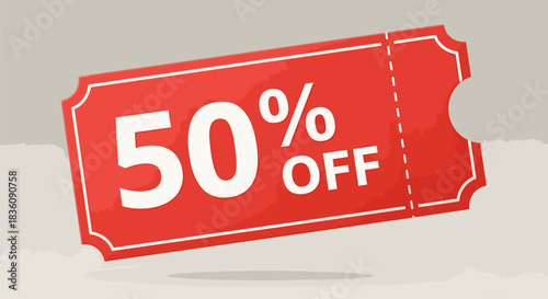 Red 50 Off Discount Coupon with White Text and Border.