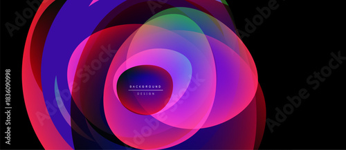 Abstract flowing shapes, vibrant colors blend. Circular layers create dynamic visual effect. Modern design, smooth gradients present.
