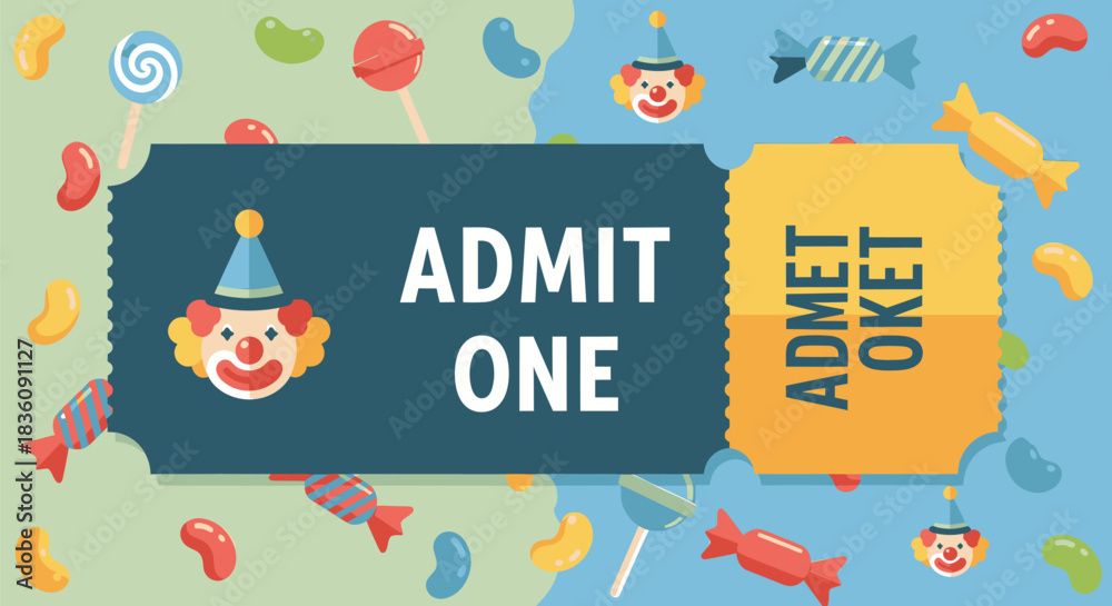 Naklejka premium Admit One Ticket Featuring a Clown Illustration for Event Entry.
