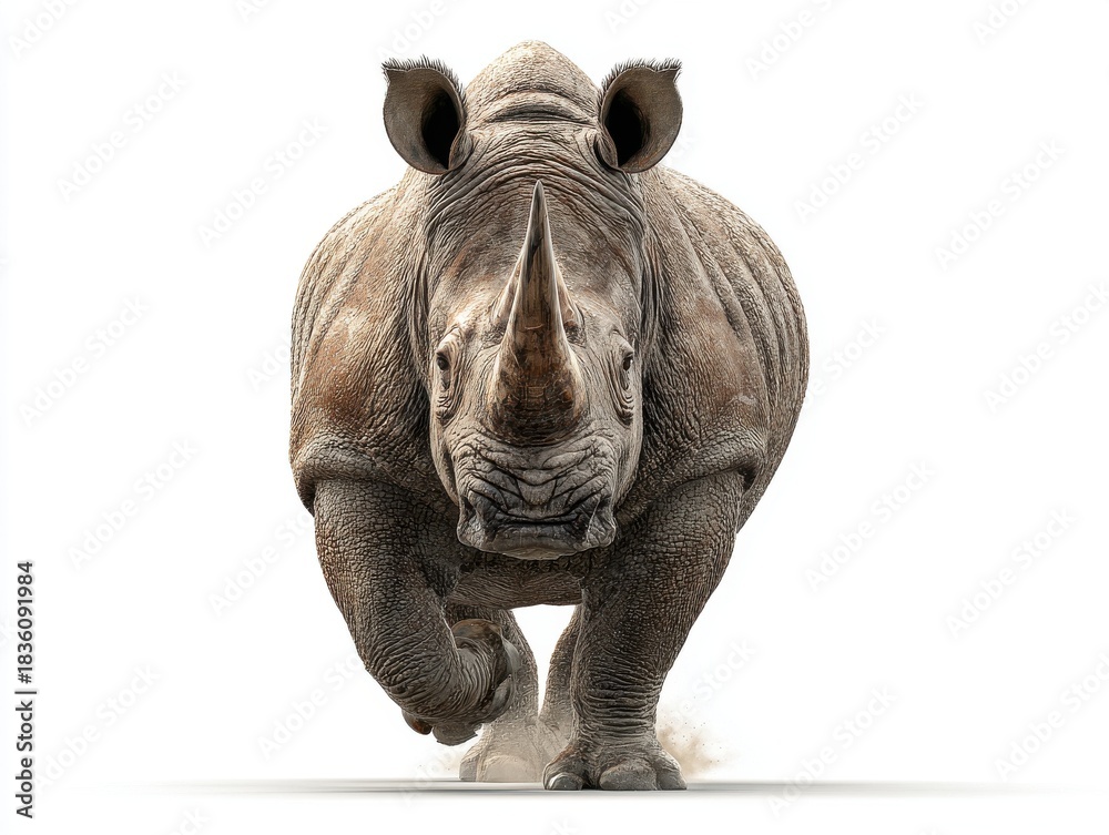 Fototapeta premium Majestic Rhinoceros Running Forward Studio Shot White Background Detailed Texture Powerful Wildlife Portrait