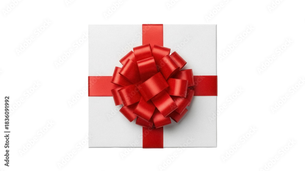 Fototapeta premium Square gift box with red ribbon and bow isolated PNG, present for Christmas or birthday on transparent background