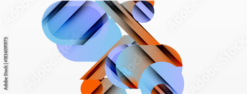 Abstract composition featuring overlapping translucent shapes. Blue, orange hues dominate, creating dynamic visual effect. Minimalist design.
