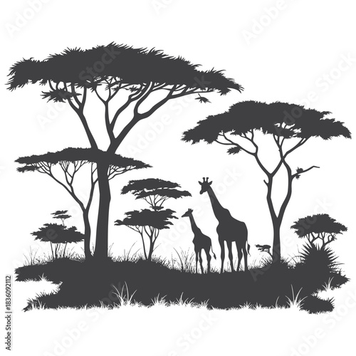African Savanna Silhouette with Giraffes and Acacia Trees Wildlife Landscape Vector