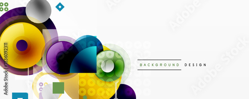 Abstract colorful shapes overlap white space. Circles, squares, gradients create dynamic visual composition. Modern design element.